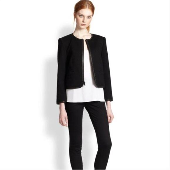 Alice + Olivia Jacket Sz SP Black LAMB LEATHER TRIM Puff Quilted Blazer Regency - Picture 3 of 16